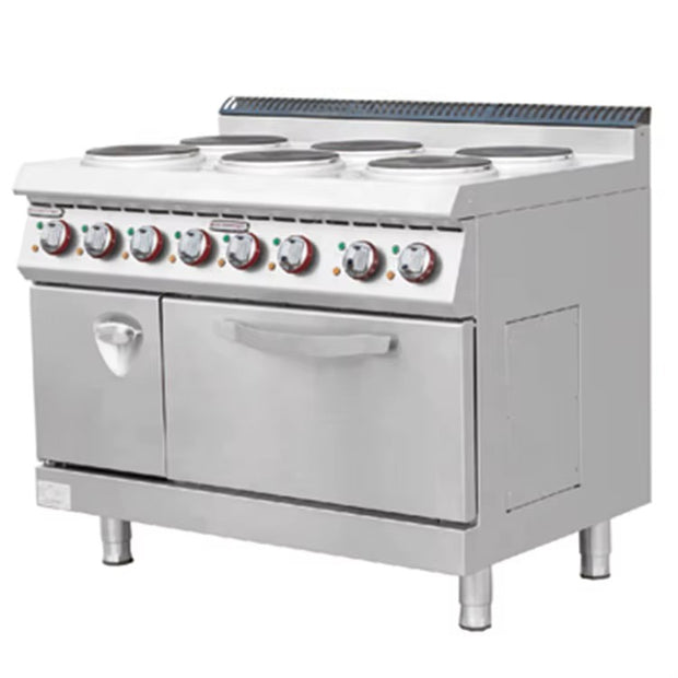Cocina eléctrica de 6 quemadores con horno y compartimento de almacenamiento, 1050 x 700 x (850 + 60) mm, E-DSJ-700-6T