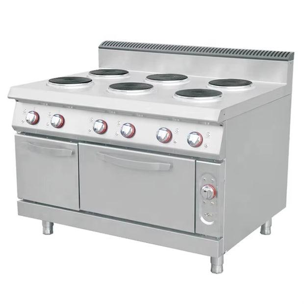 Cocina eléctrica de 6 quemadores con horno y compartimento de almacenamiento, 1200 x 900 x (850 + 120) mm, XKE-DBJ-900-6Y