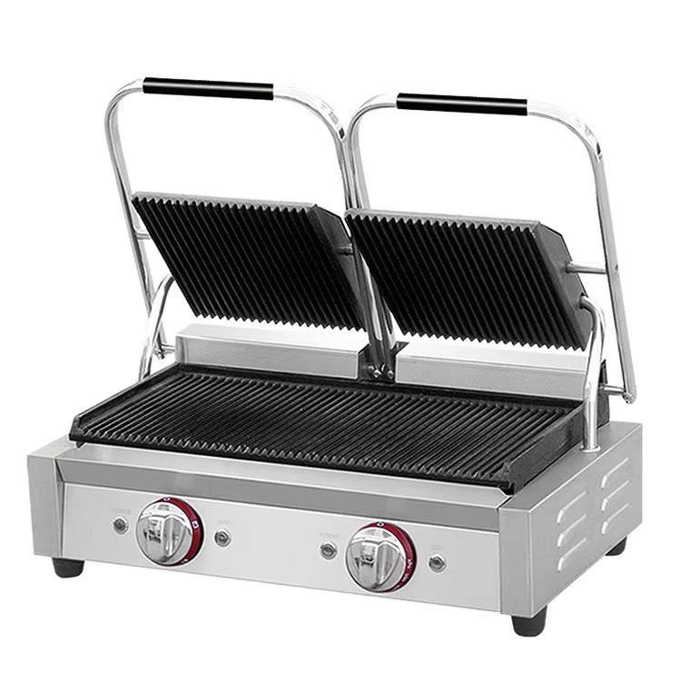 Prensa comercial para panini con parrilla acanalada, máquina para hacer sándwiches, parrilla de contacto eléctrica doble (una ranura superior e inferior) 